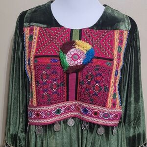 Green Velvet Dress with Embroidered Bodice and Mirror Work